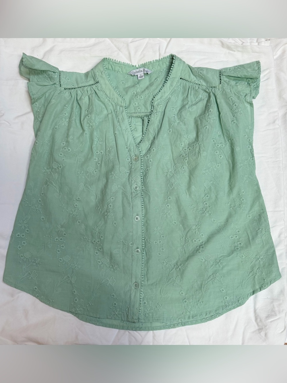 Light Green Eyelet Button-Front Women's Blouse